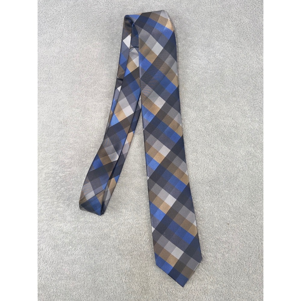 George Mens Plaid Necktie Blue Brown Grey Black Recycled Polyester RN 52469